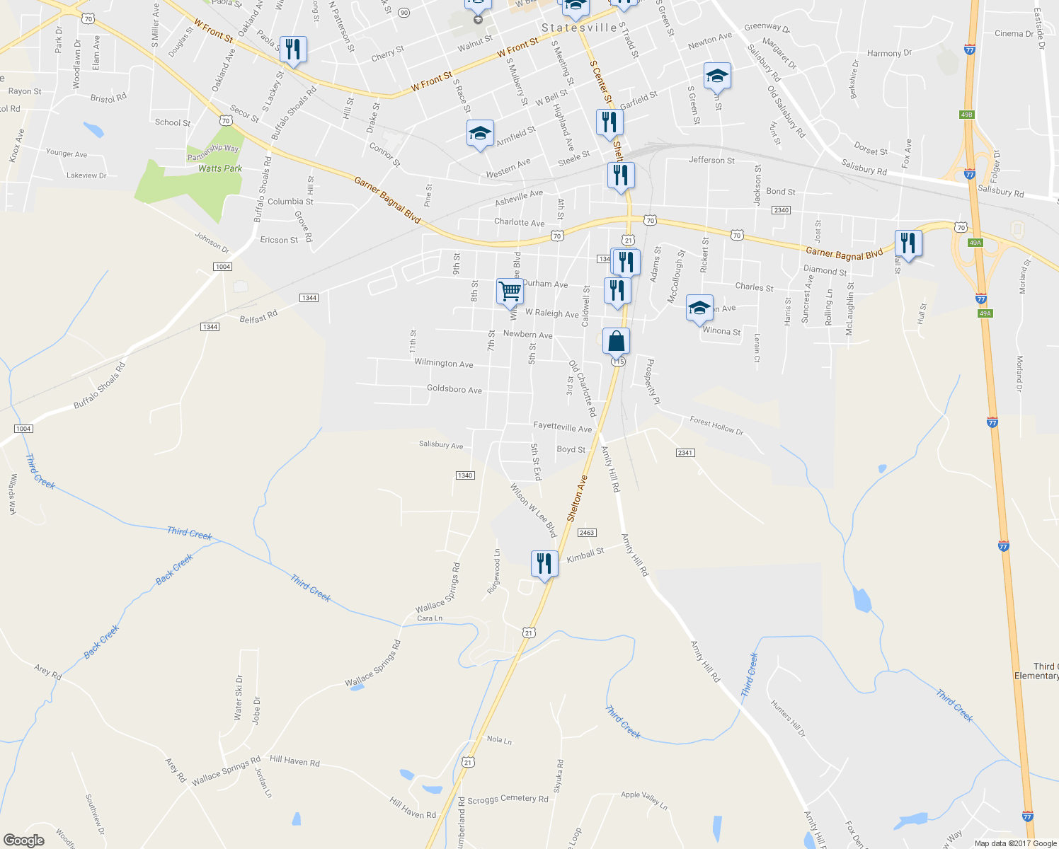 map of restaurants, bars, coffee shops, grocery stores, and more near Fayetteville Avenue in Statesville