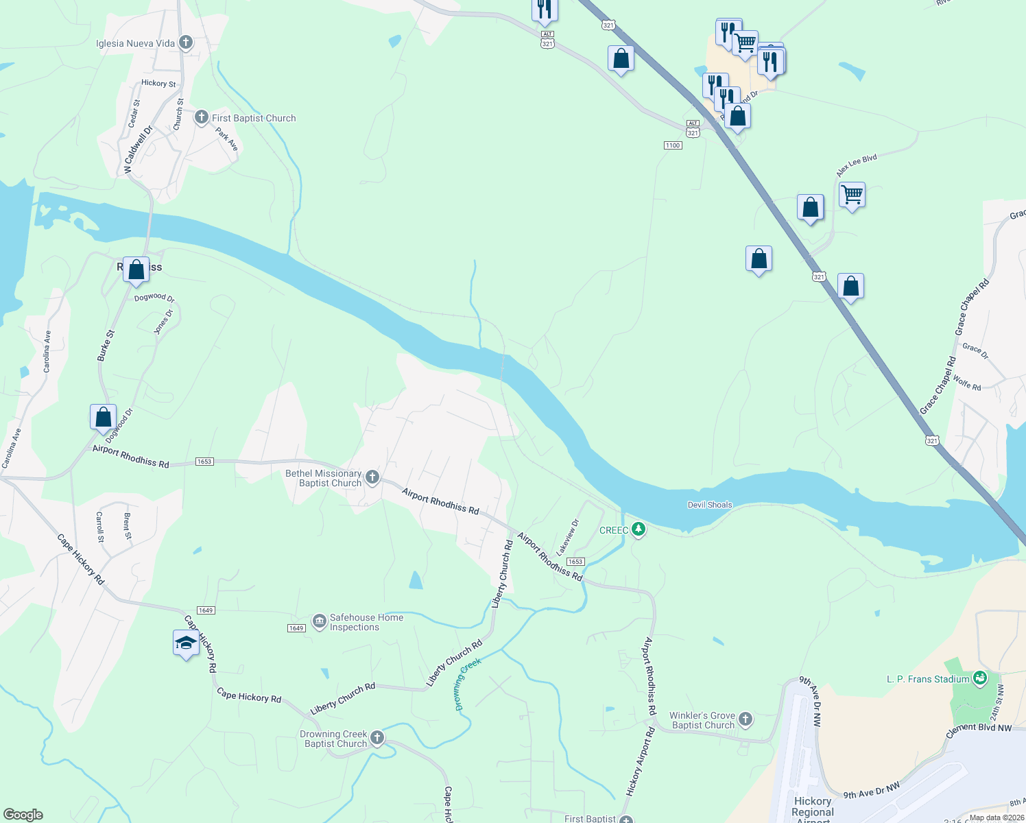map of restaurants, bars, coffee shops, grocery stores, and more near 1841 Hidden Pointe Drive in Granite Falls