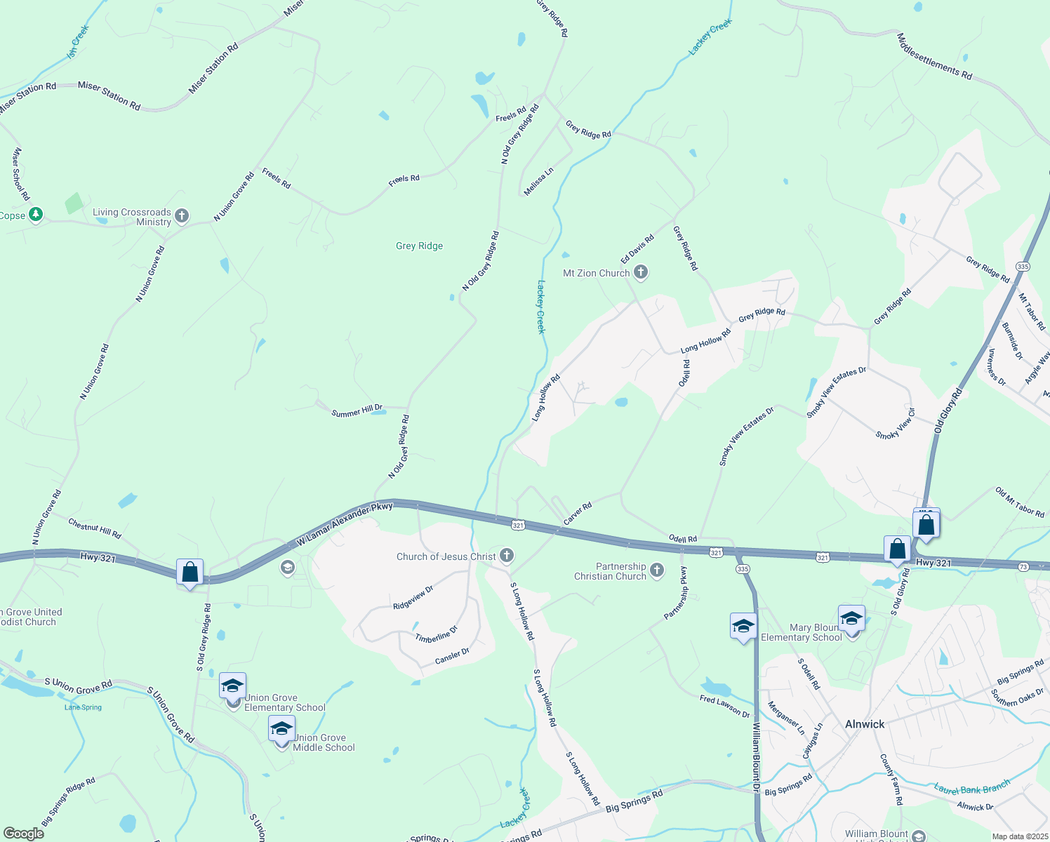 map of restaurants, bars, coffee shops, grocery stores, and more near 491 Long Hollow Rd in Maryville