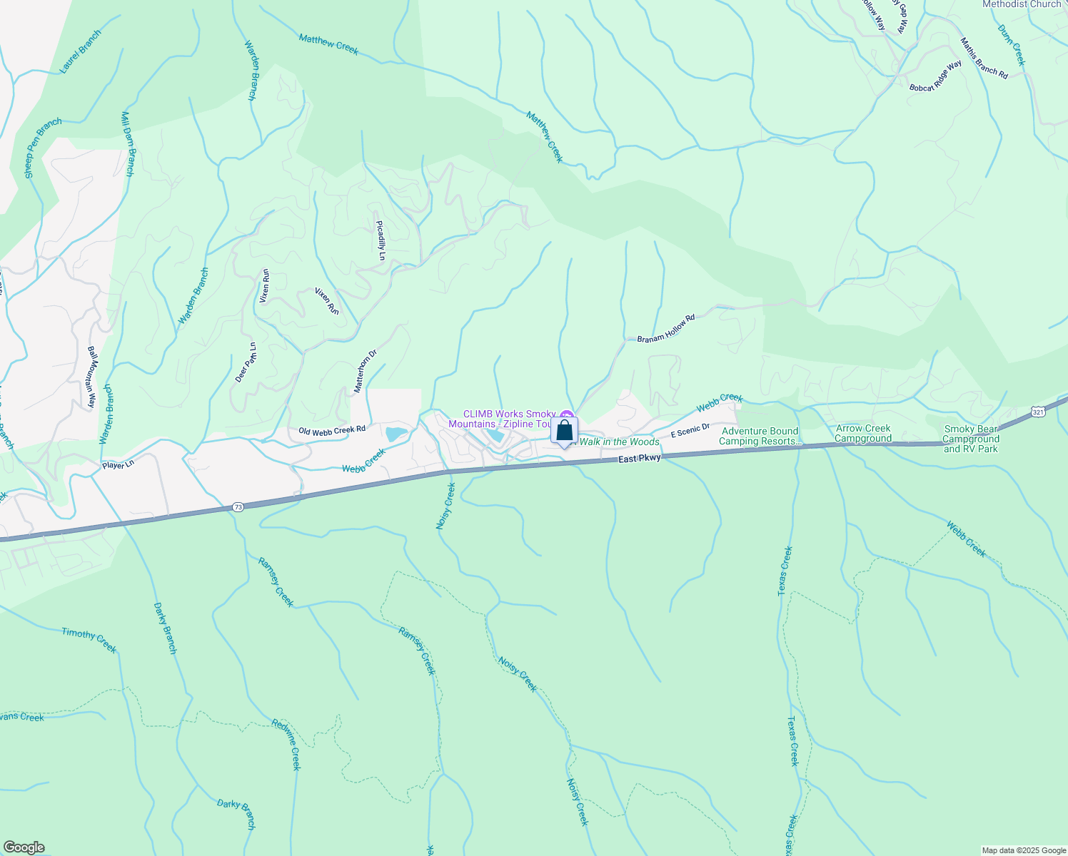 map of restaurants, bars, coffee shops, grocery stores, and more near 134 Wildwood Way in Gatlinburg