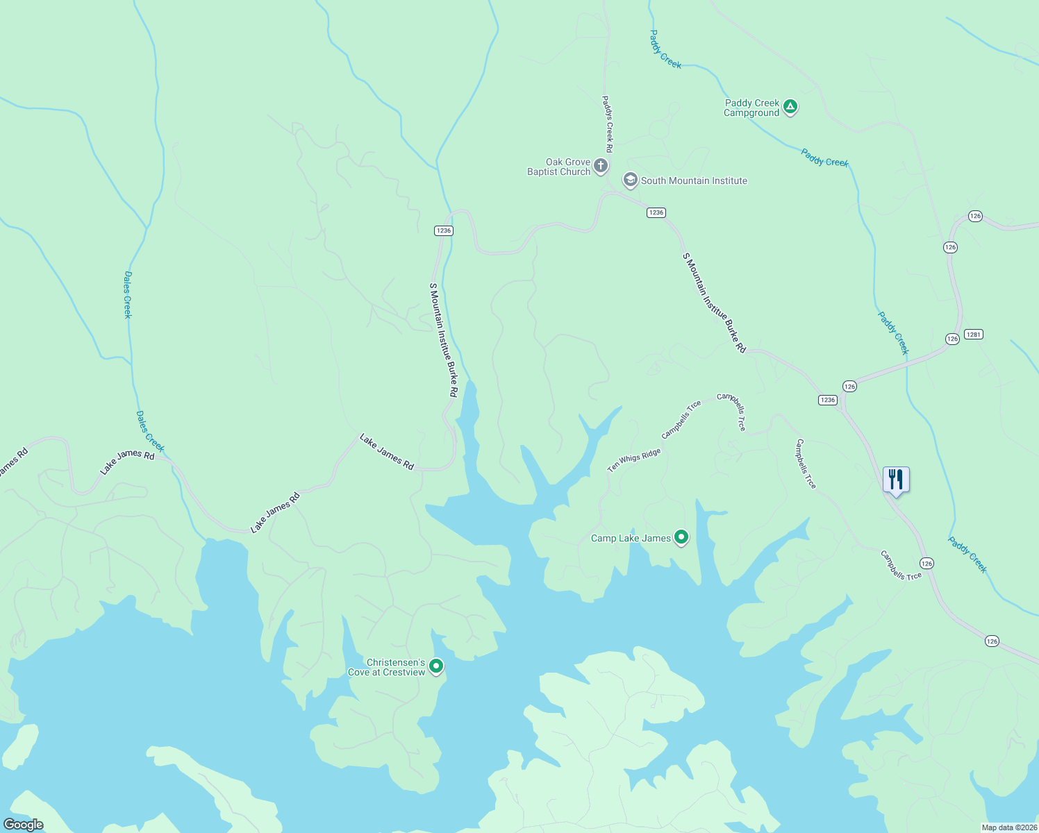 map of restaurants, bars, coffee shops, grocery stores, and more near Ivy Ray Way in Nebo