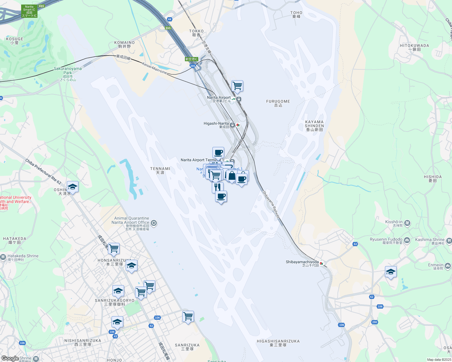 map of restaurants, bars, coffee shops, grocery stores, and more near in Narita