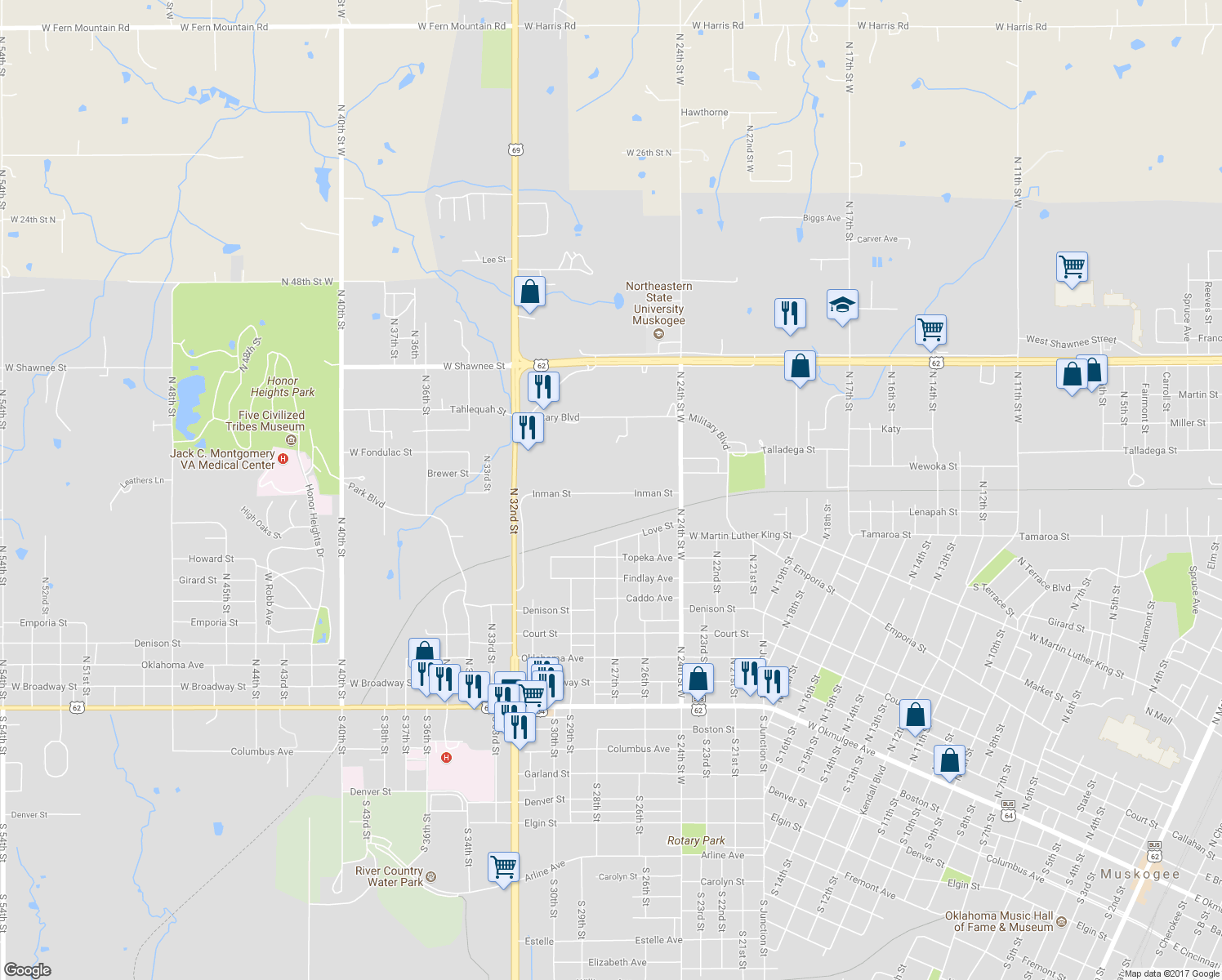 map of restaurants, bars, coffee shops, grocery stores, and more near 2716 Inman Street in Muskogee
