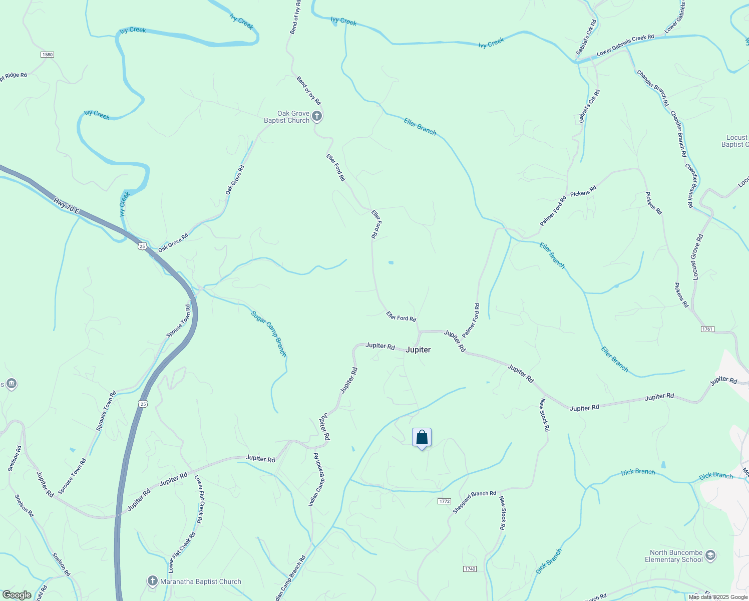 map of restaurants, bars, coffee shops, grocery stores, and more near 52 Eller Ford Road in Weaverville