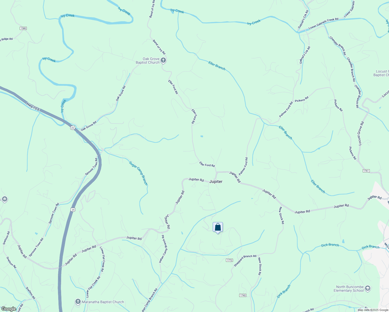 map of restaurants, bars, coffee shops, grocery stores, and more near 52 Eller Ford Road in Weaverville