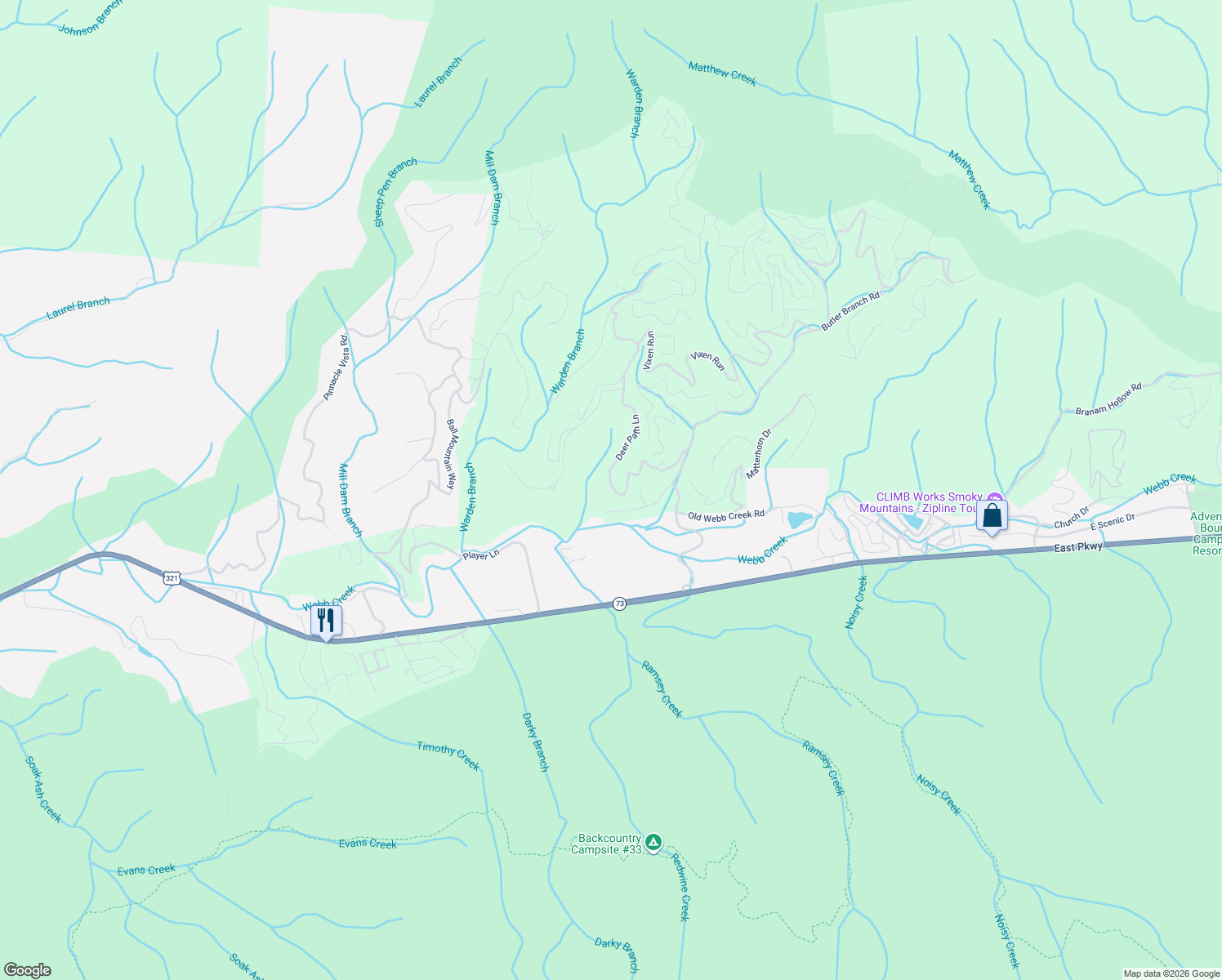 map of restaurants, bars, coffee shops, grocery stores, and more near 416 Deer Path Lane in Gatlinburg