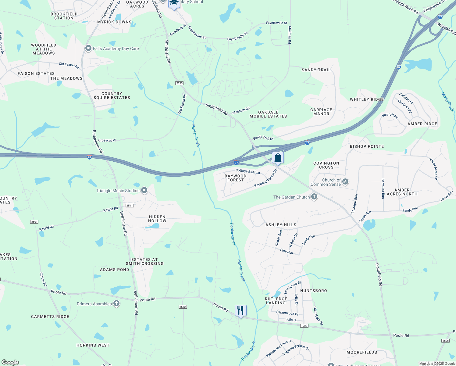 map of restaurants, bars, coffee shops, grocery stores, and more near 521 Somersworth Drive in Knightdale