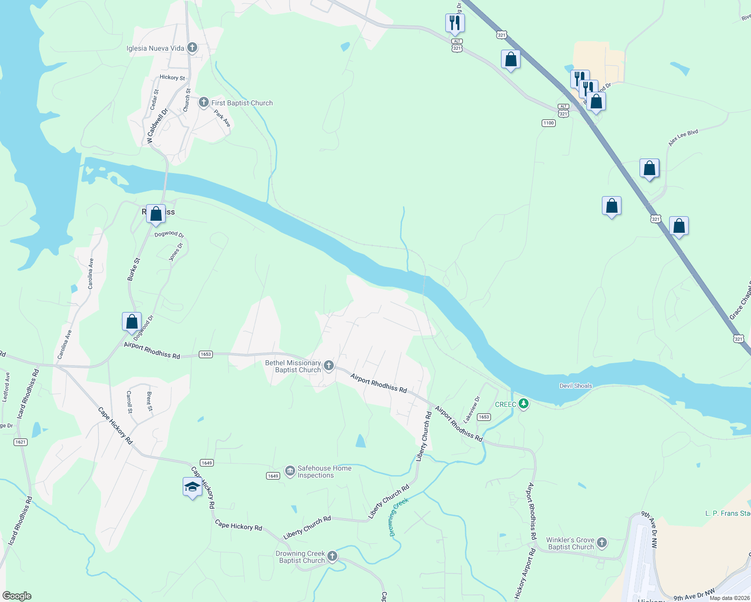 map of restaurants, bars, coffee shops, grocery stores, and more near 1810 Hilferty Rd in Hickory