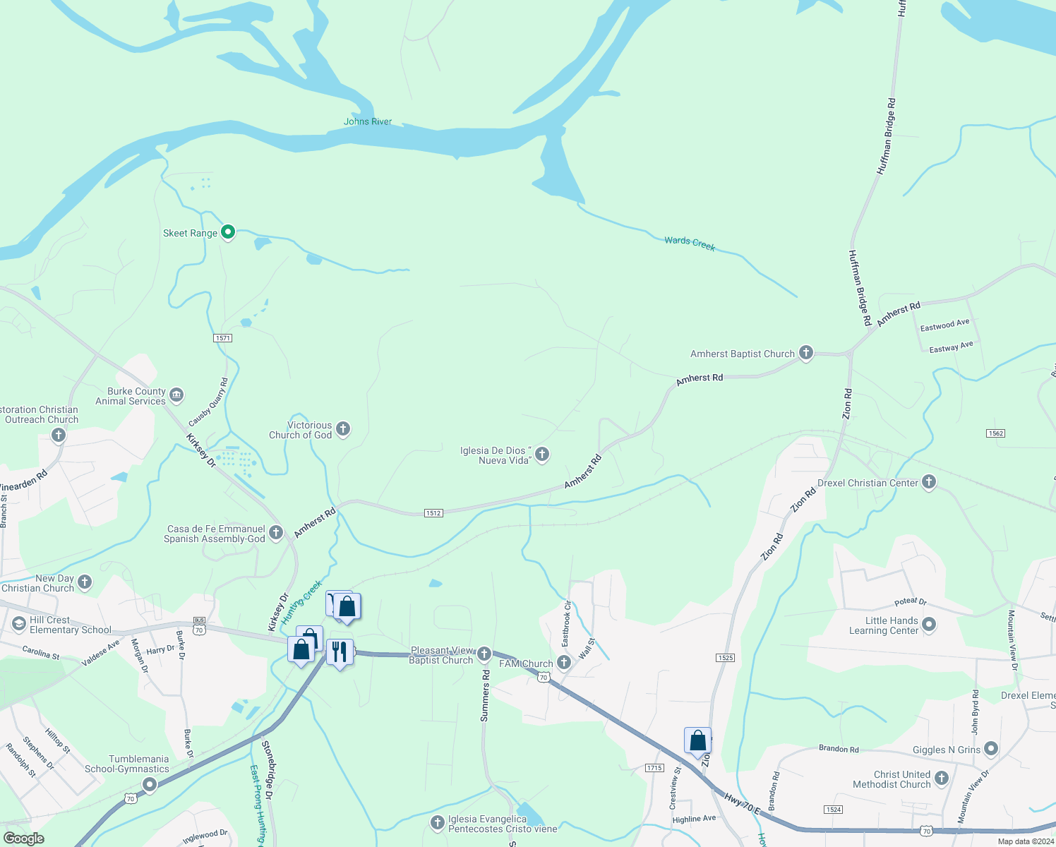 map of restaurants, bars, coffee shops, grocery stores, and more near 2600 Tom Thomas Drive in Morganton