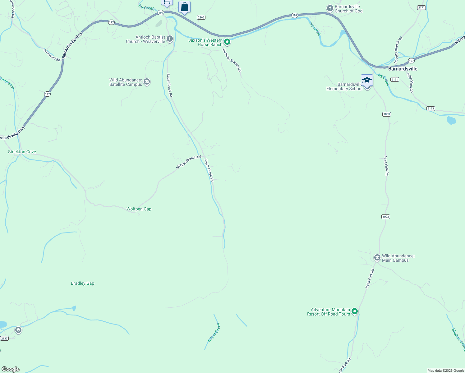 map of restaurants, bars, coffee shops, grocery stores, and more near 270 Sugar Creek Road in Weaverville