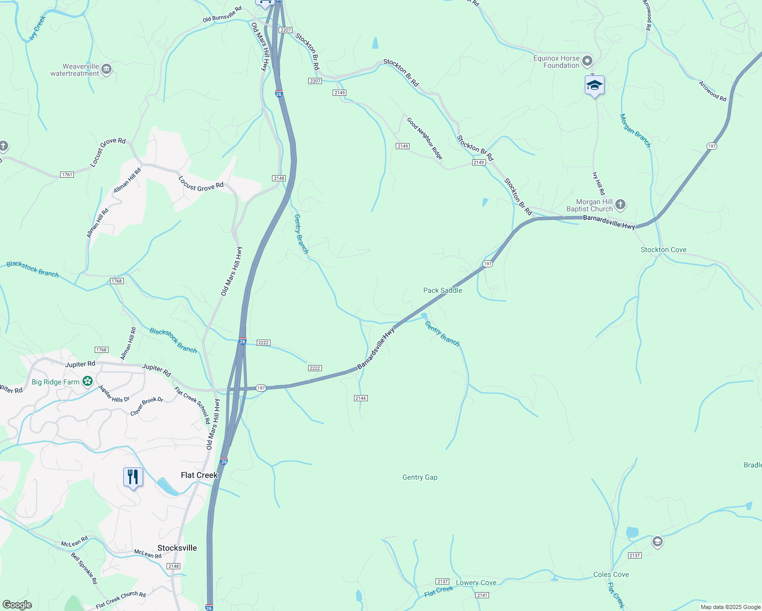 map of restaurants, bars, coffee shops, grocery stores, and more near Pack Saddle Trail in Buncombe County