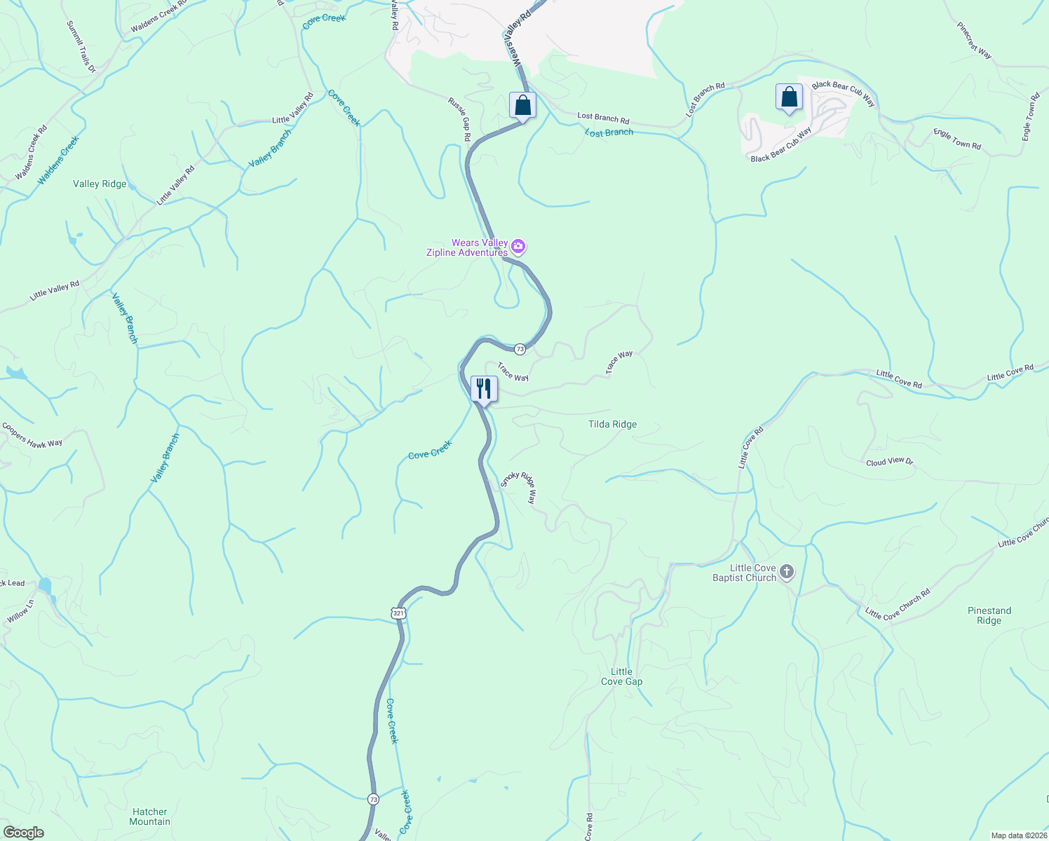 map of restaurants, bars, coffee shops, grocery stores, and more near 2131 Castle Rise Way in Pigeon Forge