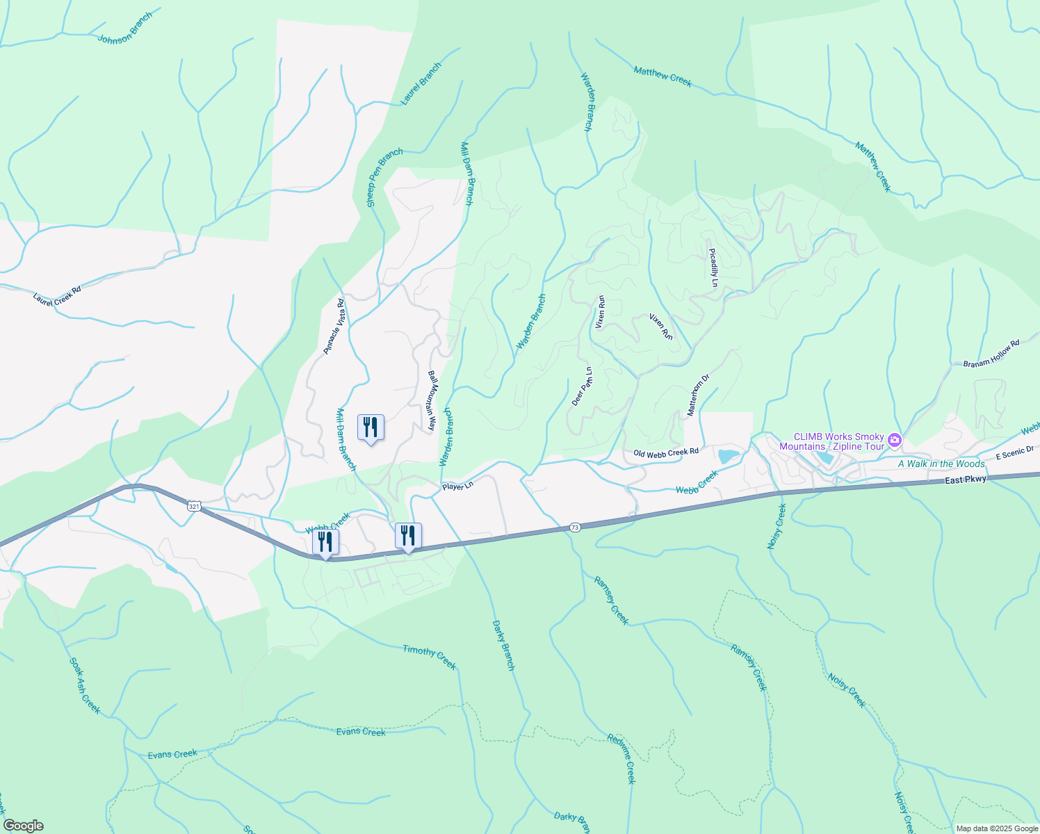 map of restaurants, bars, coffee shops, grocery stores, and more near 3626 Moonshine Way in Gatlinburg