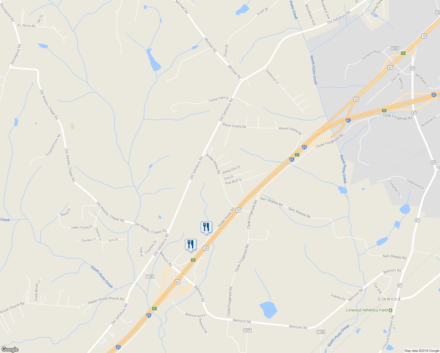 map of restaurants, bars, coffee shops, grocery stores, and more near 399 Snider Kines Road in Linwood