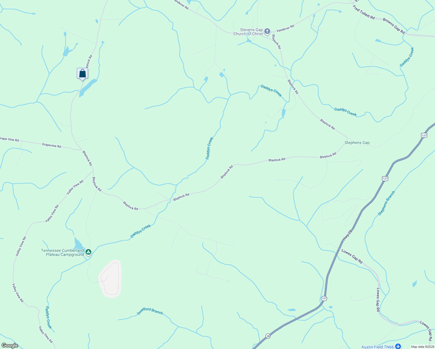 map of restaurants, bars, coffee shops, grocery stores, and more near 2348 Blaylock Road in Crossville