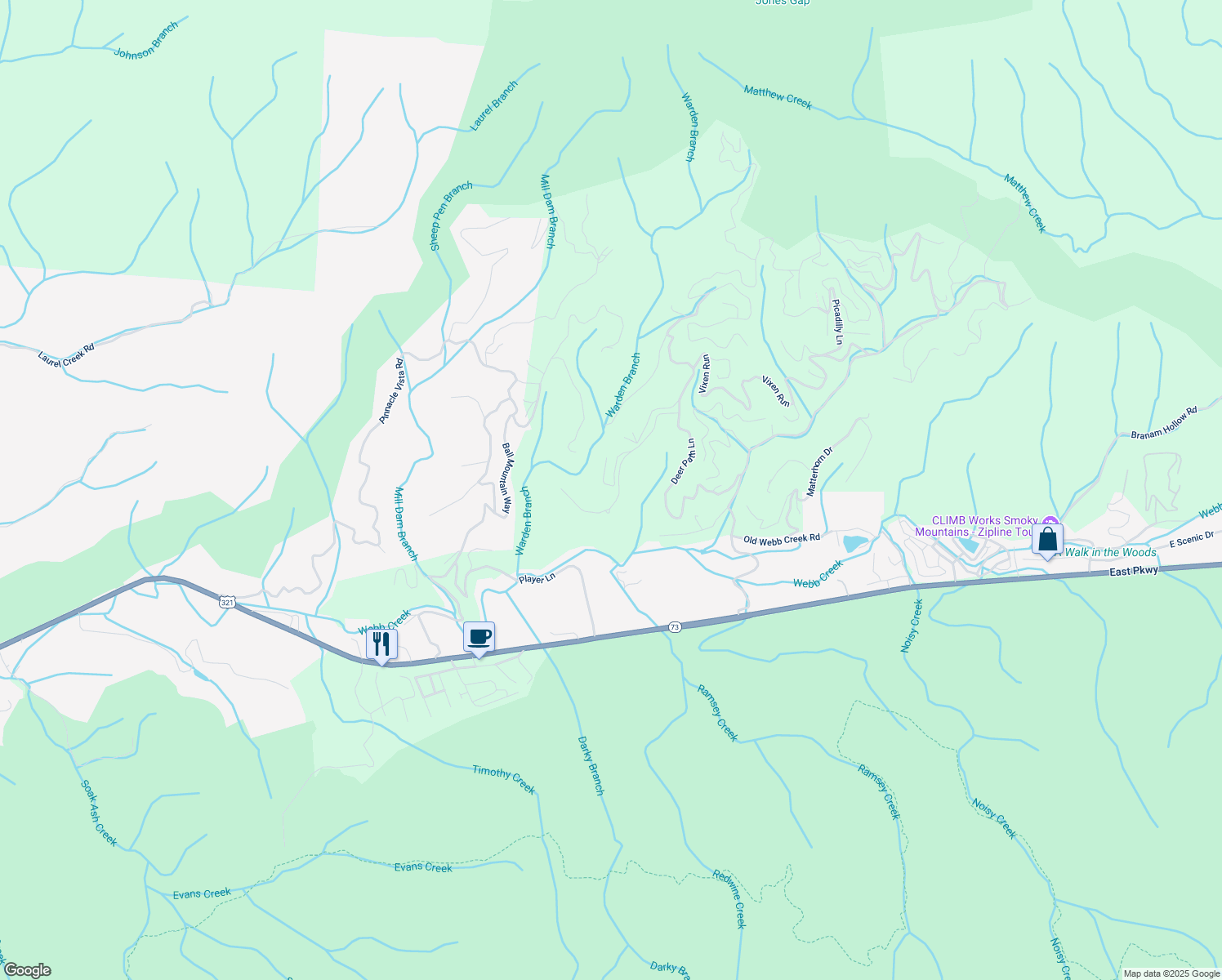 map of restaurants, bars, coffee shops, grocery stores, and more near 3626 Moonshine Way in Gatlinburg