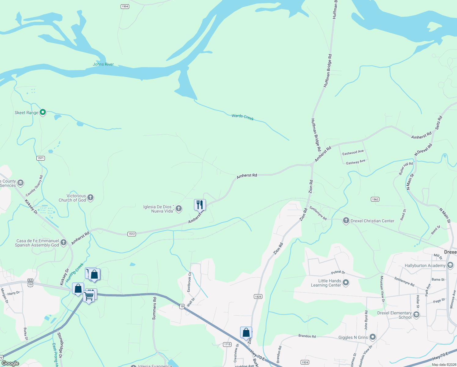 map of restaurants, bars, coffee shops, grocery stores, and more near 761 Amherst Road in Morganton