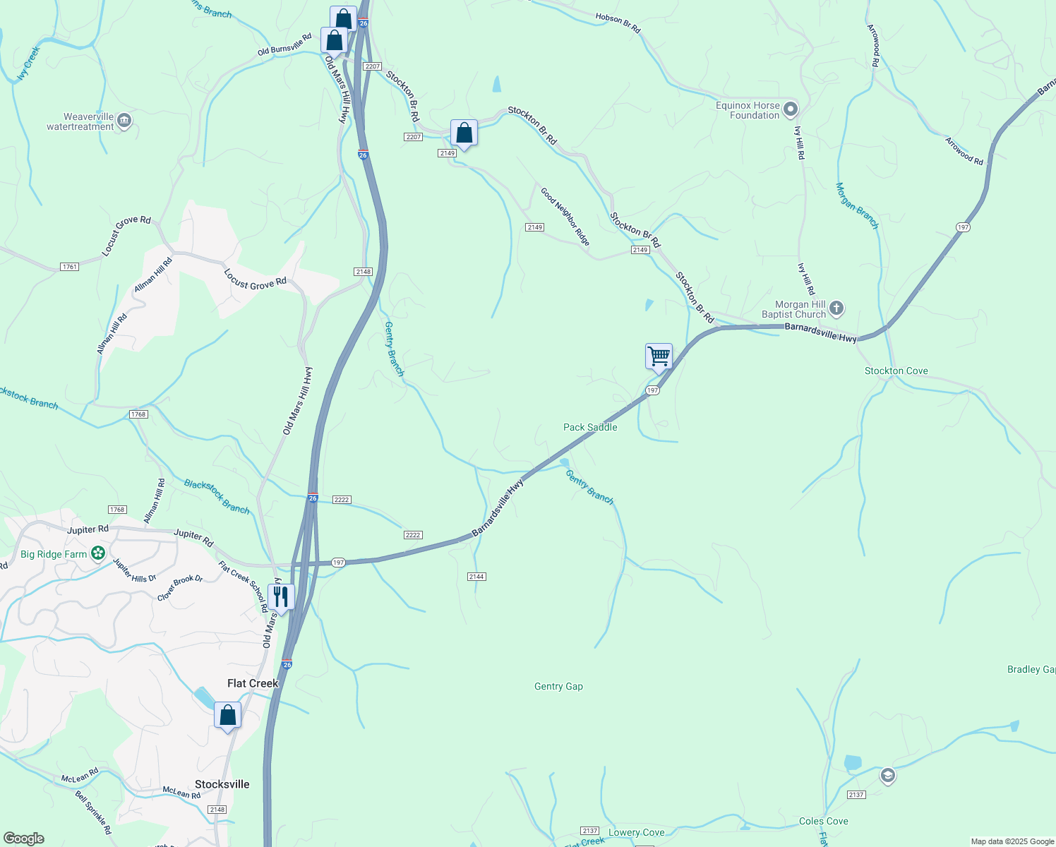 map of restaurants, bars, coffee shops, grocery stores, and more near Pack Saddle Trail in Buncombe County