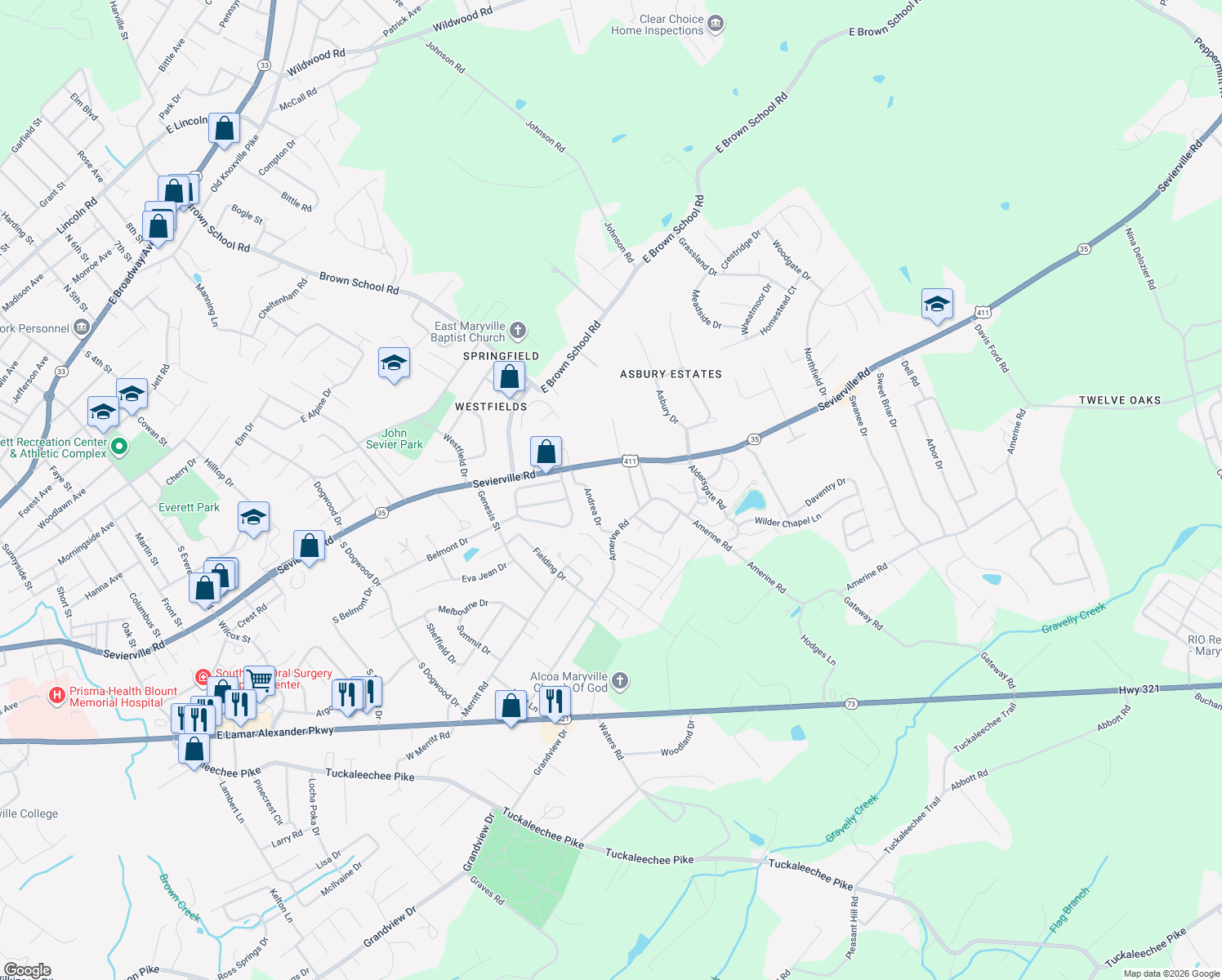 map of restaurants, bars, coffee shops, grocery stores, and more near 2560 Sevierville Rd in Maryville