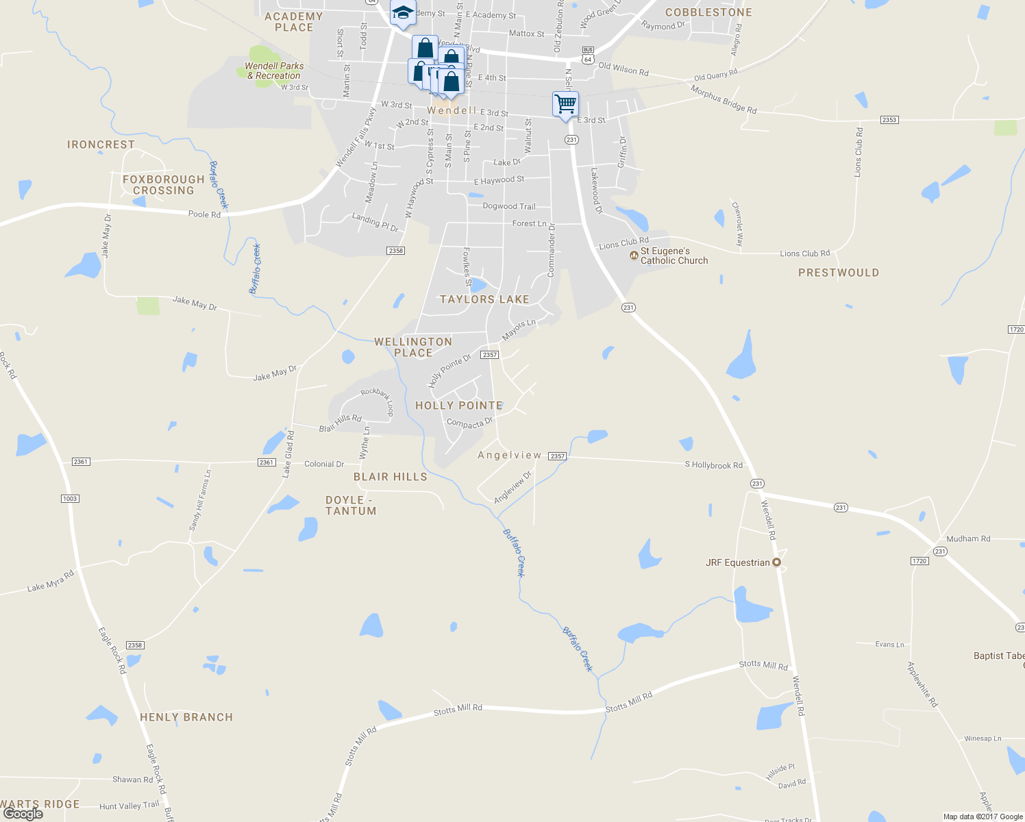map of restaurants, bars, coffee shops, grocery stores, and more near 225 Darecrest Lane in Wendell