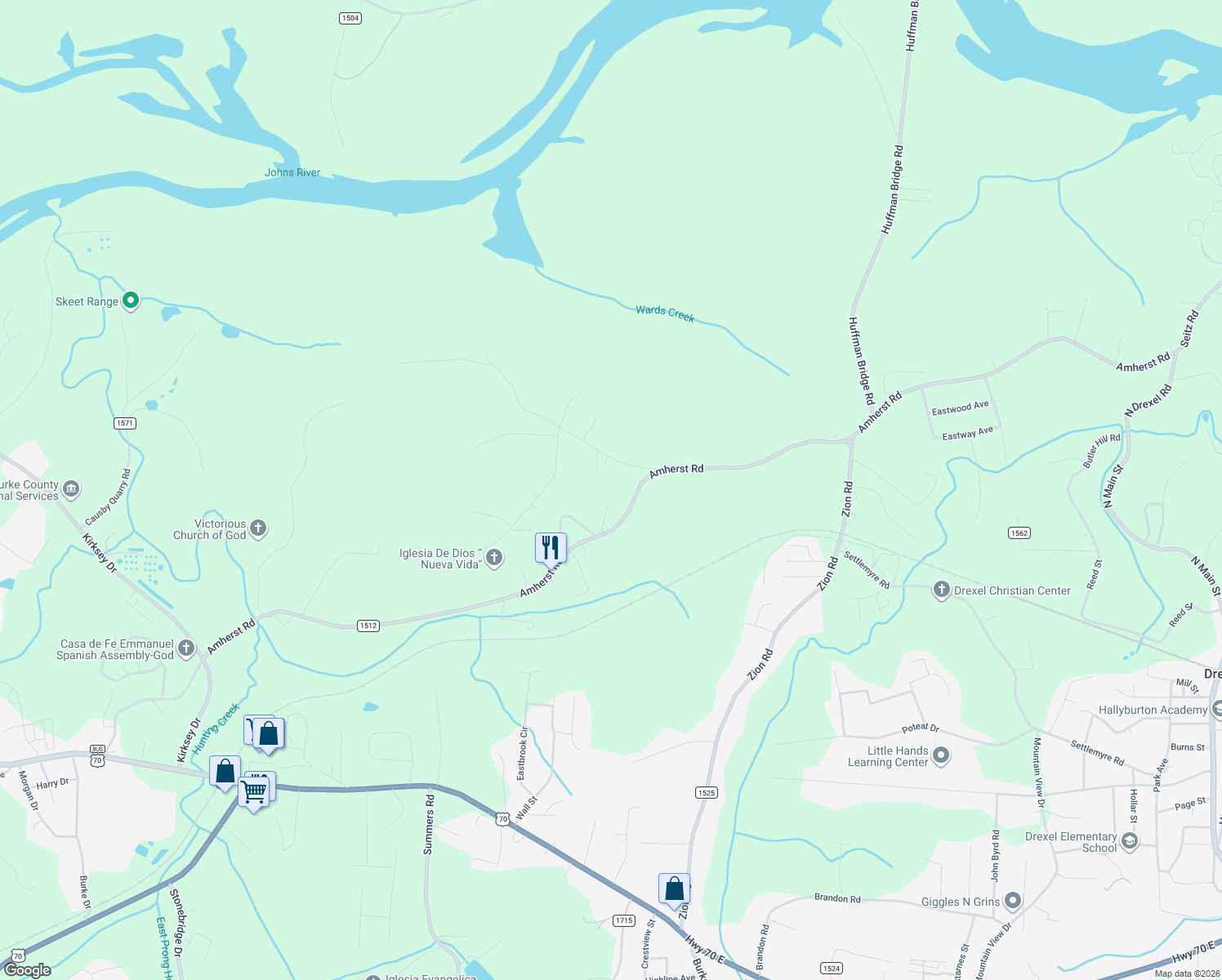 map of restaurants, bars, coffee shops, grocery stores, and more near 761 Amherst Road in Morganton