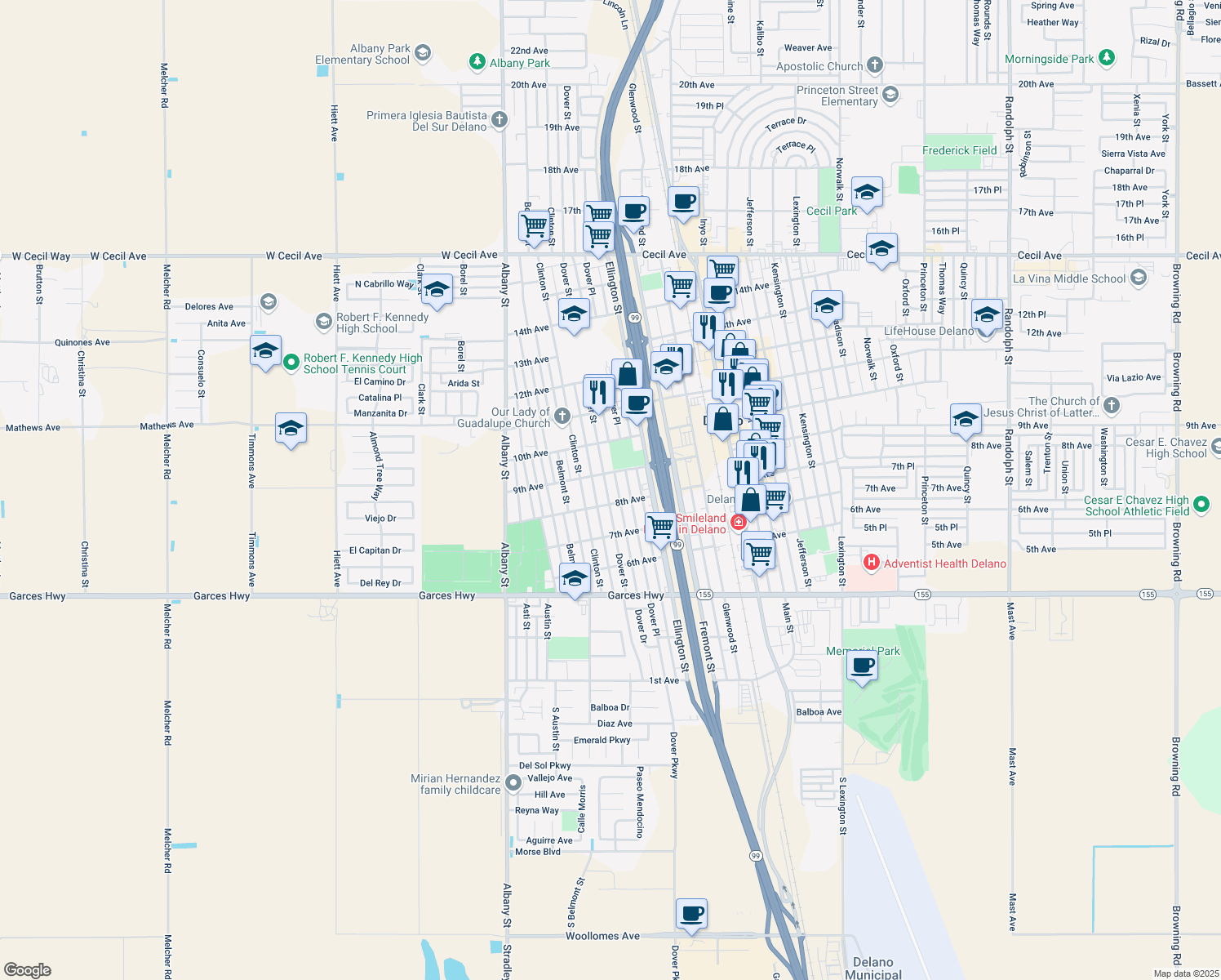 map of restaurants, bars, coffee shops, grocery stores, and more near 814 Dover Street in Delano