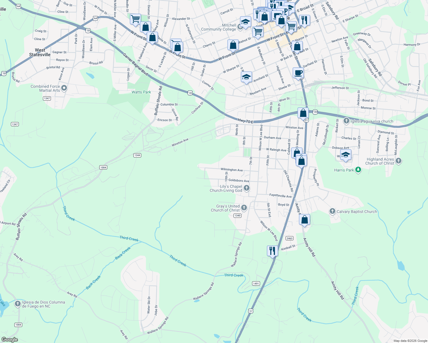 map of restaurants, bars, coffee shops, grocery stores, and more near 1035 Wilmington Avenue in Statesville