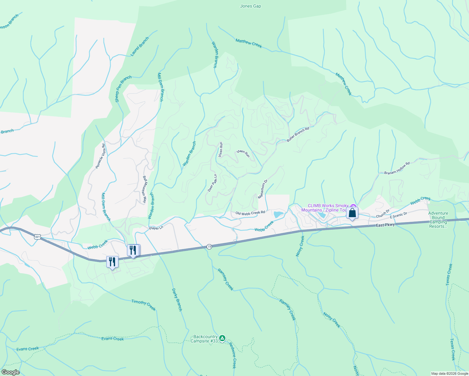 map of restaurants, bars, coffee shops, grocery stores, and more near 203 Deer Path Lane in Gatlinburg