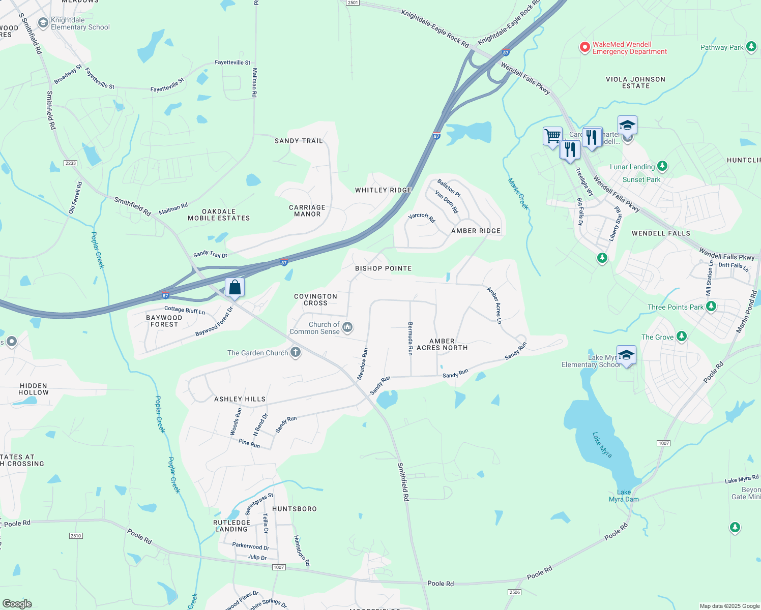 map of restaurants, bars, coffee shops, grocery stores, and more near 5716 Meadow Run in Knightdale
