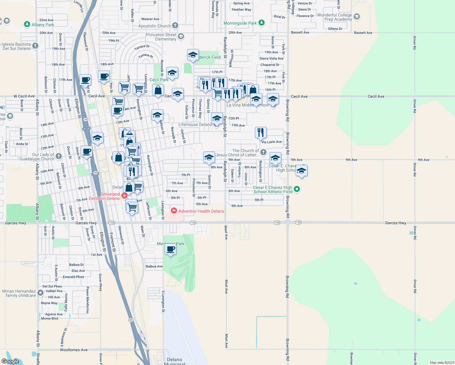 map of restaurants, bars, coffee shops, grocery stores, and more near 702 Randolph Street in Delano