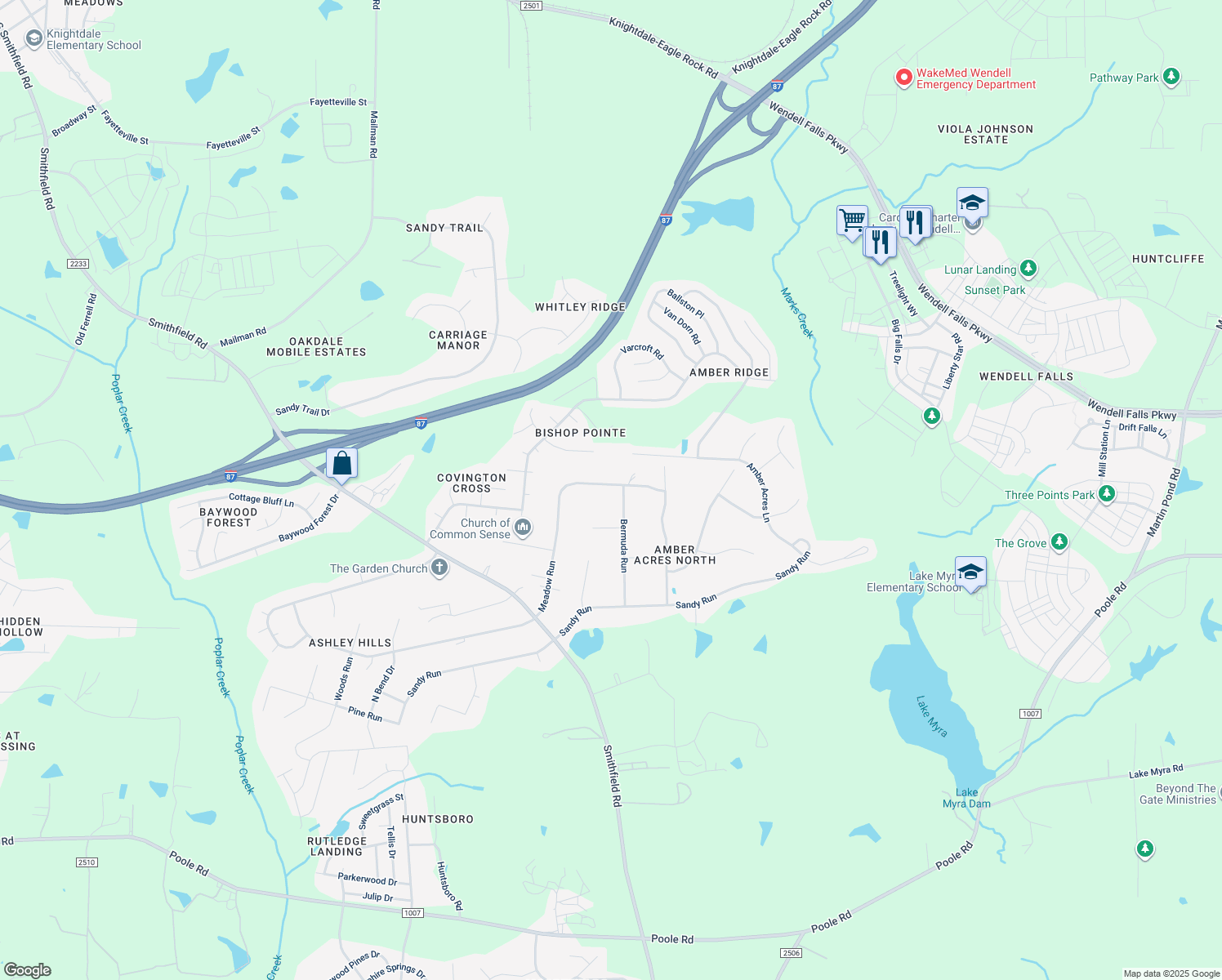 map of restaurants, bars, coffee shops, grocery stores, and more near 1000 Bermuda Run in Knightdale