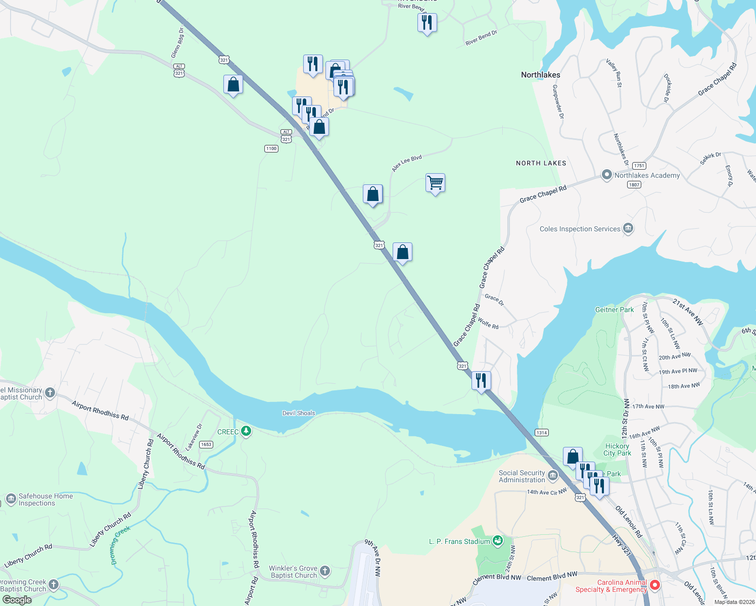 map of restaurants, bars, coffee shops, grocery stores, and more near 4942 Midway Sand Road in Hickory