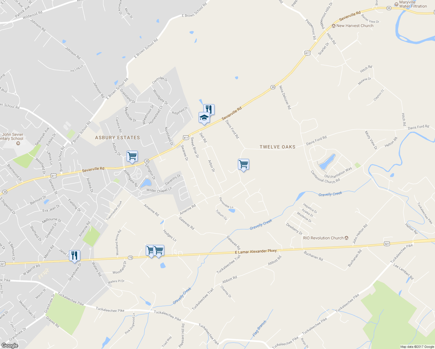 map of restaurants, bars, coffee shops, grocery stores, and more near 312 Arbor Drive in Maryville