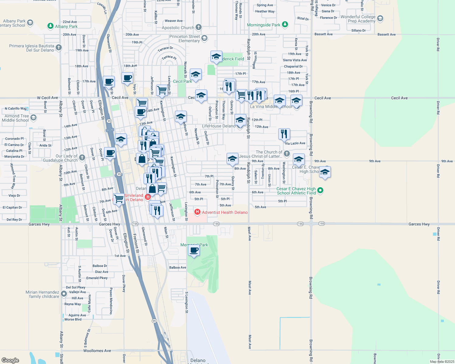 map of restaurants, bars, coffee shops, grocery stores, and more near 1631 7th Avenue in Delano
