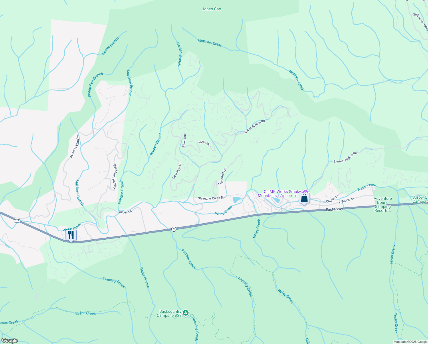 map of restaurants, bars, coffee shops, grocery stores, and more near 417 Lucerne Way in Gatlinburg