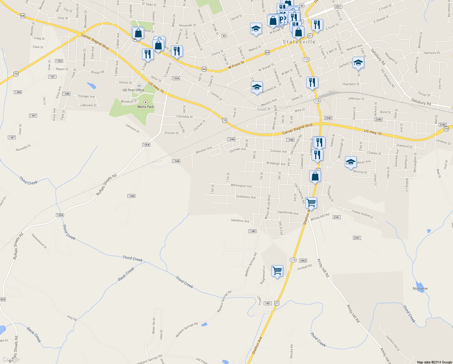 map of restaurants, bars, coffee shops, grocery stores, and more near 1028 Wilmington Avenue in Statesville