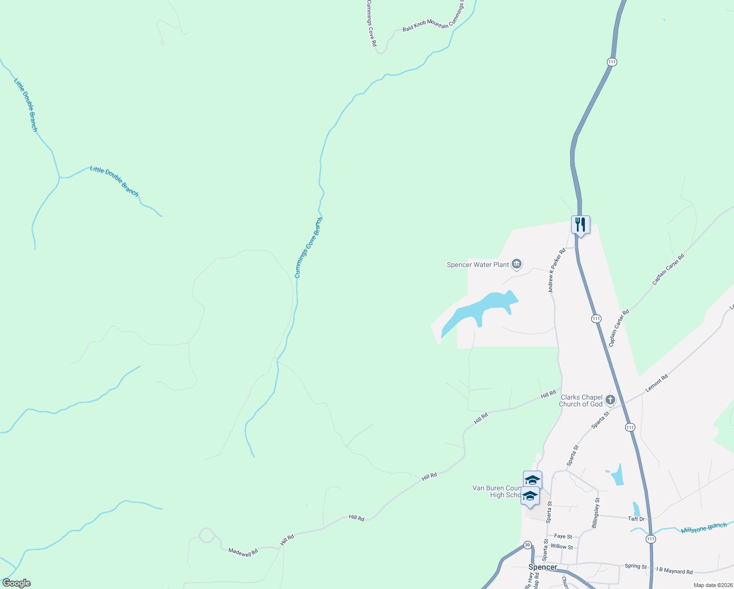 map of restaurants, bars, coffee shops, grocery stores, and more near in Spencer