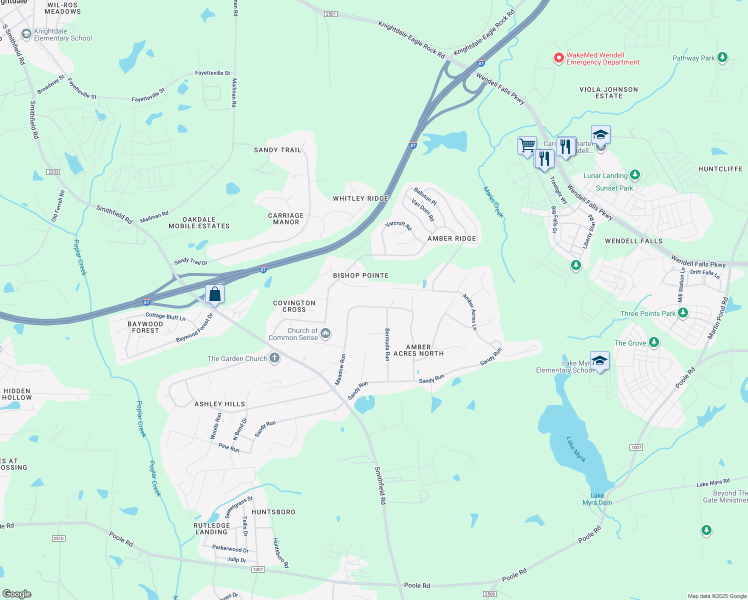 map of restaurants, bars, coffee shops, grocery stores, and more near 5733 Meadow Run in Knightdale