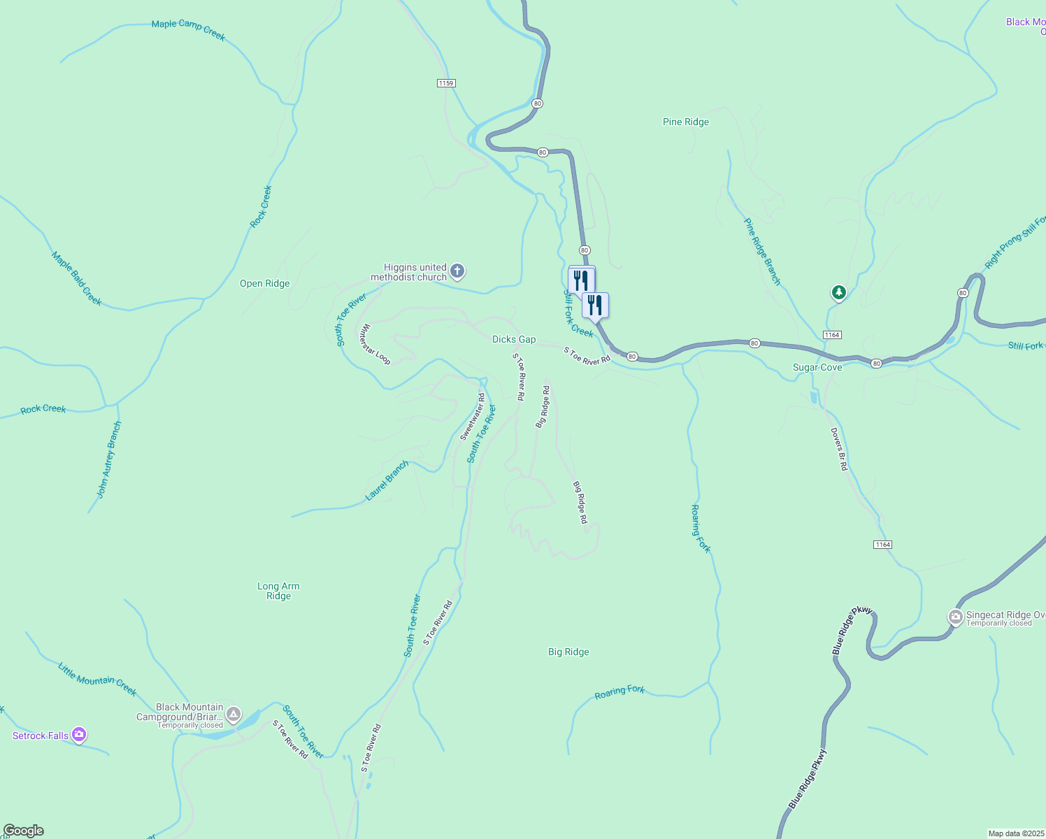 map of restaurants, bars, coffee shops, grocery stores, and more near 607 South Toe River Road in Burnsville