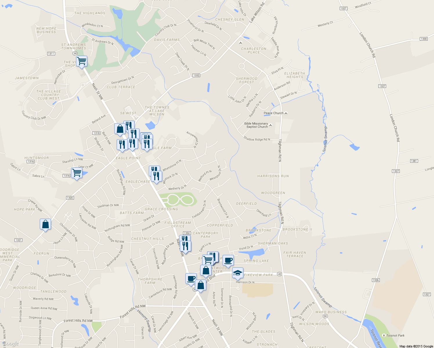 map of restaurants, bars, coffee shops, grocery stores, and more near 3115 Westshire Drive North in Wilson