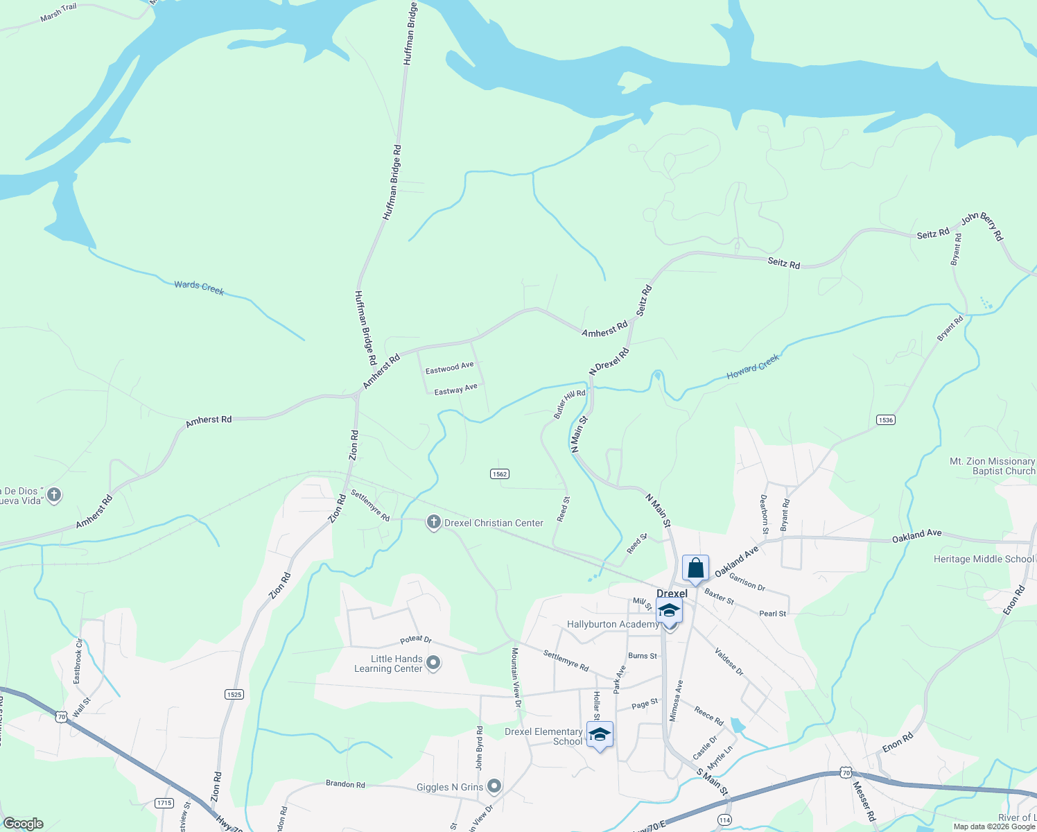 map of restaurants, bars, coffee shops, grocery stores, and more near 3495 Nelson Lane in Morganton