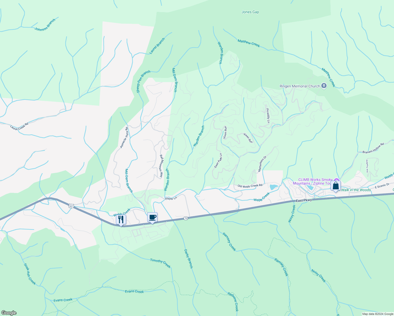 map of restaurants, bars, coffee shops, grocery stores, and more near 3649 Moonshine Way in Gatlinburg