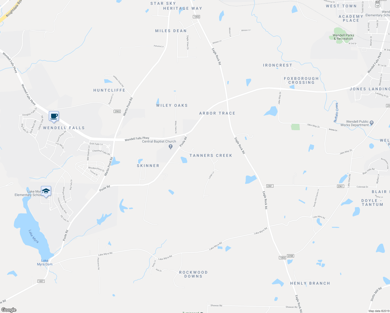 map of restaurants, bars, coffee shops, grocery stores, and more near 6628 Latigo Lane in Wendell