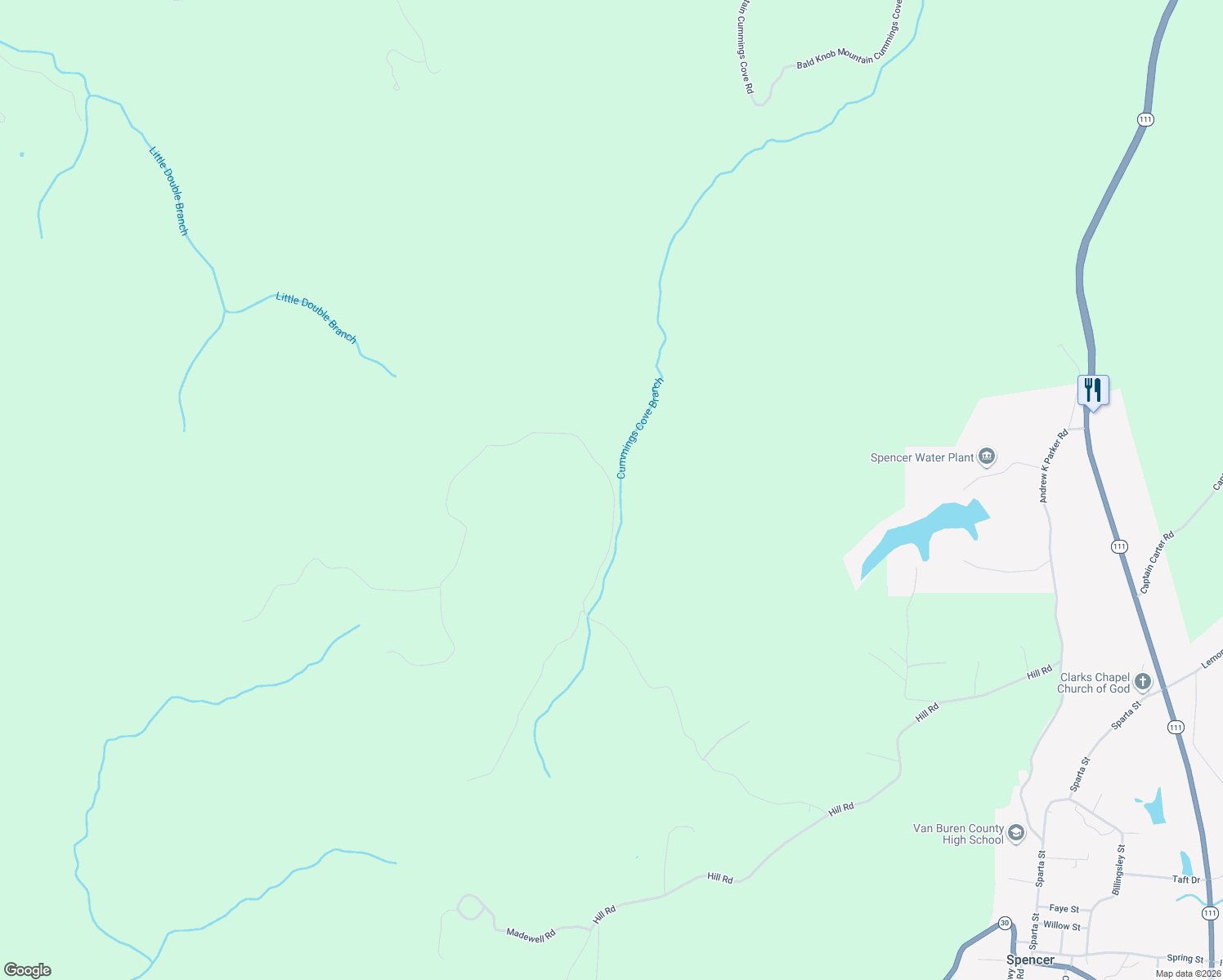 map of restaurants, bars, coffee shops, grocery stores, and more near in Spencer