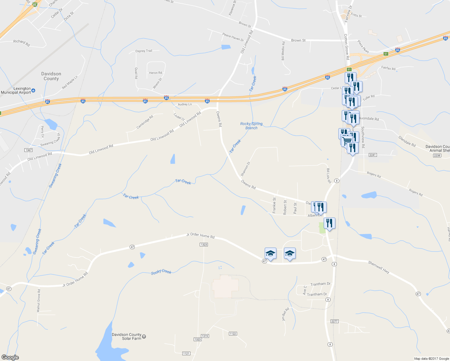 map of restaurants, bars, coffee shops, grocery stores, and more near 624 Owens Road in Lexington