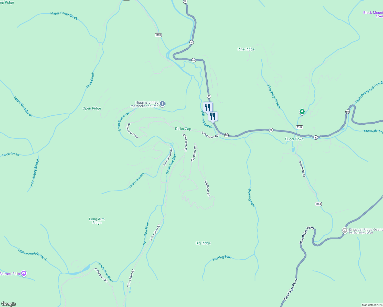 map of restaurants, bars, coffee shops, grocery stores, and more near 607 South Toe River Road in Burnsville