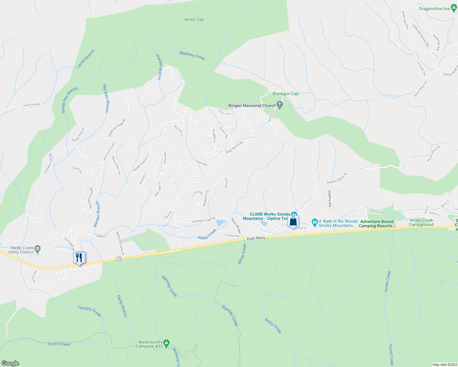 map of restaurants, bars, coffee shops, grocery stores, and more near 511 Geneva Drive in Gatlinburg