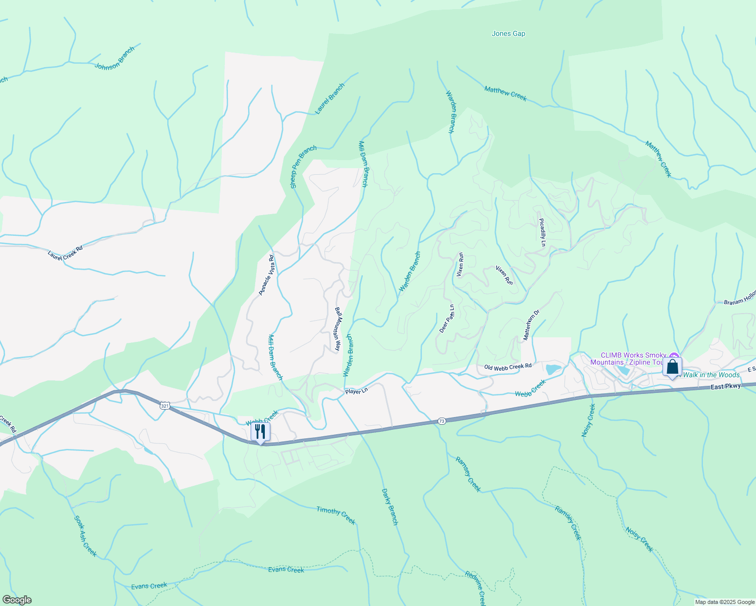 map of restaurants, bars, coffee shops, grocery stores, and more near 3755 Warden Branch Road in Gatlinburg