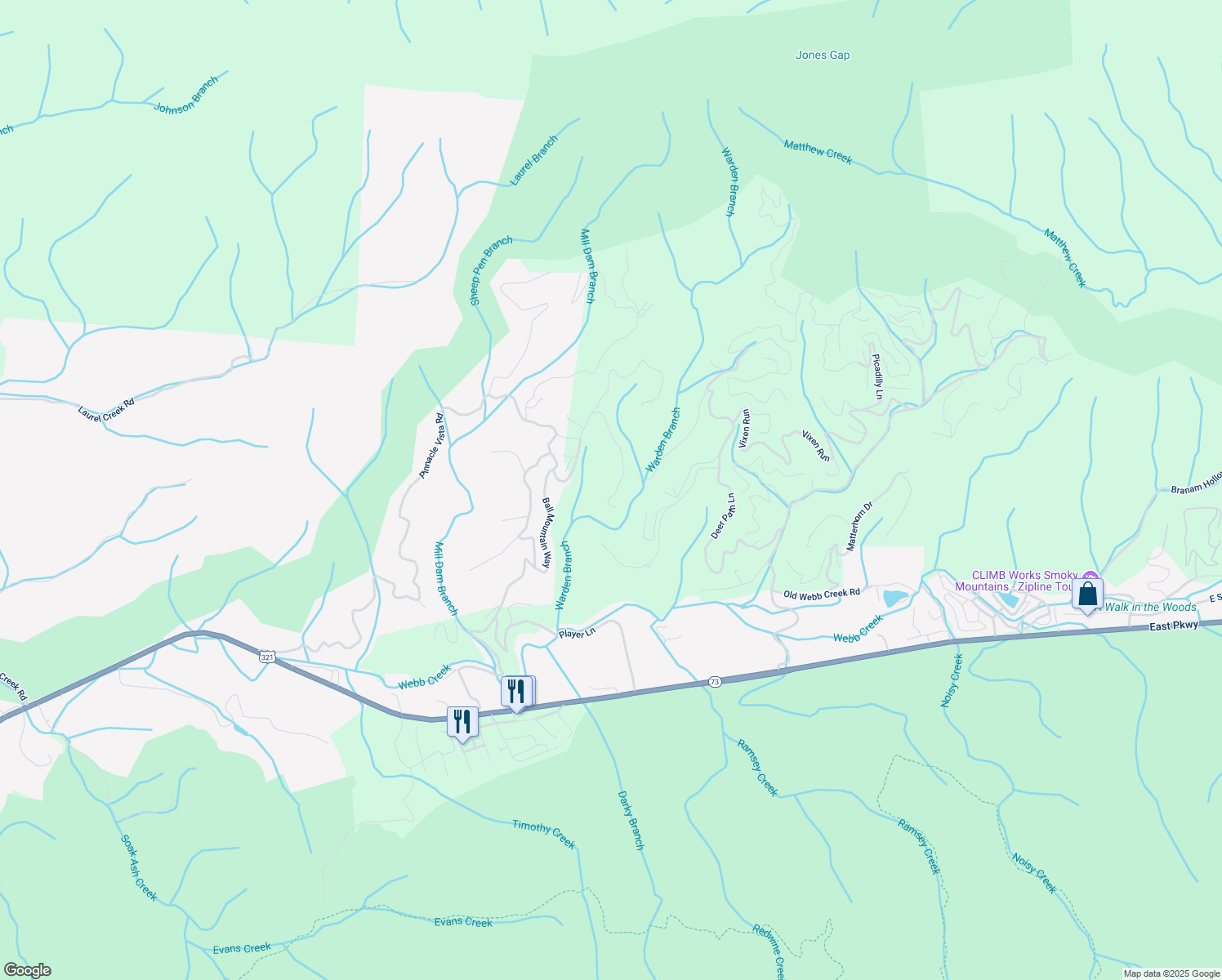 map of restaurants, bars, coffee shops, grocery stores, and more near 3755 Warden Branch Road in Gatlinburg