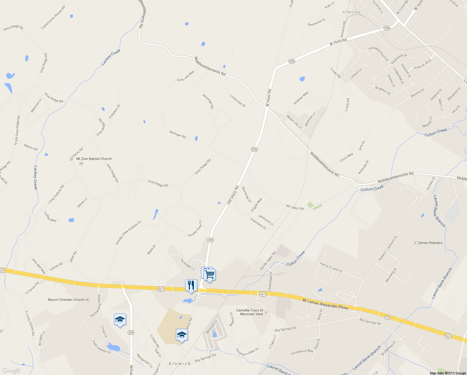 map of restaurants, bars, coffee shops, grocery stores, and more near 533 Old Glory Road in Maryville